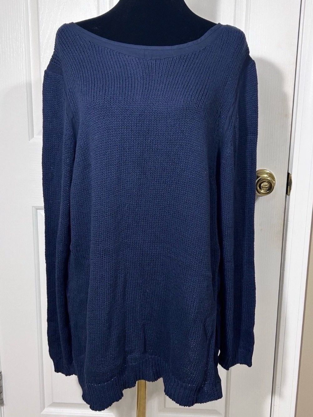 Coastal Breeze Soft Surroundings 1X Blue Open Knit Mixed Media Tunic Sweater
